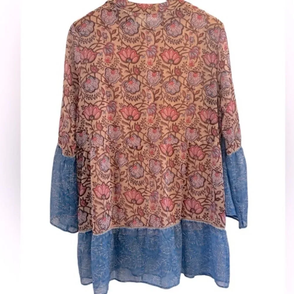 Soft Surroundings Pergola Blue Pink Floral Embroidered Sparkle Peasant Blouse